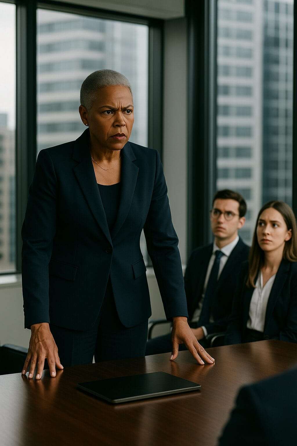Powerful senior Black woman executive standing at boardroom table with junior employees watching her with awe and fear — symbolizing the myth of the polished leader.