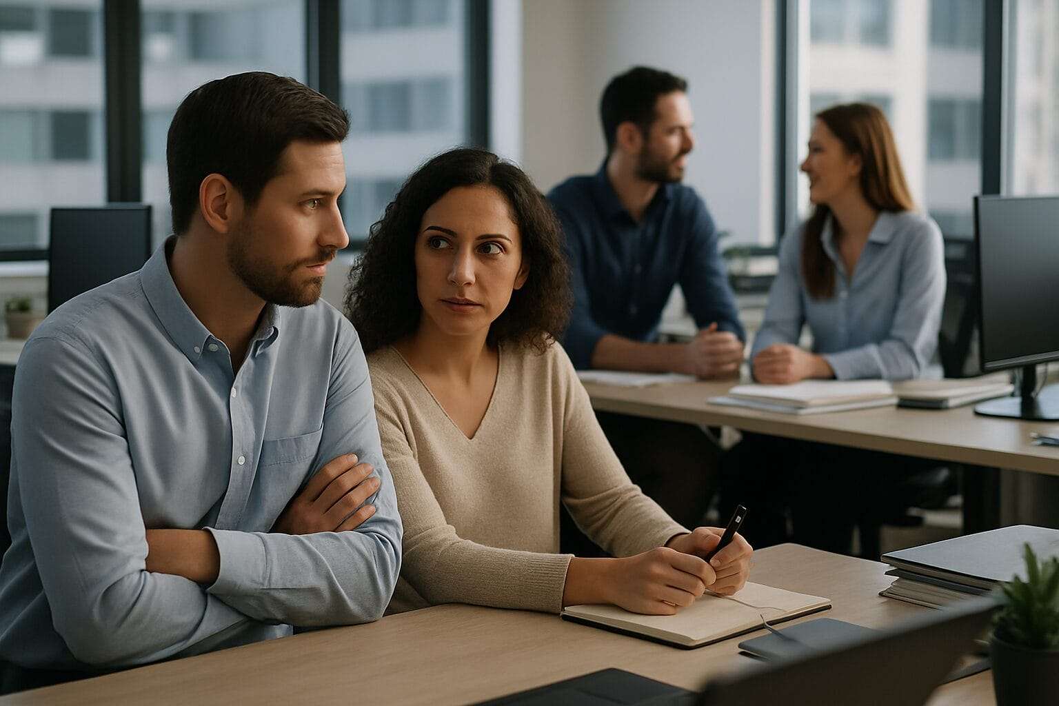 Coworkers exchanging knowing looks about two colleagues standing too close in a bright office — subtle intimacy that exposes hidden workplace betrayal.