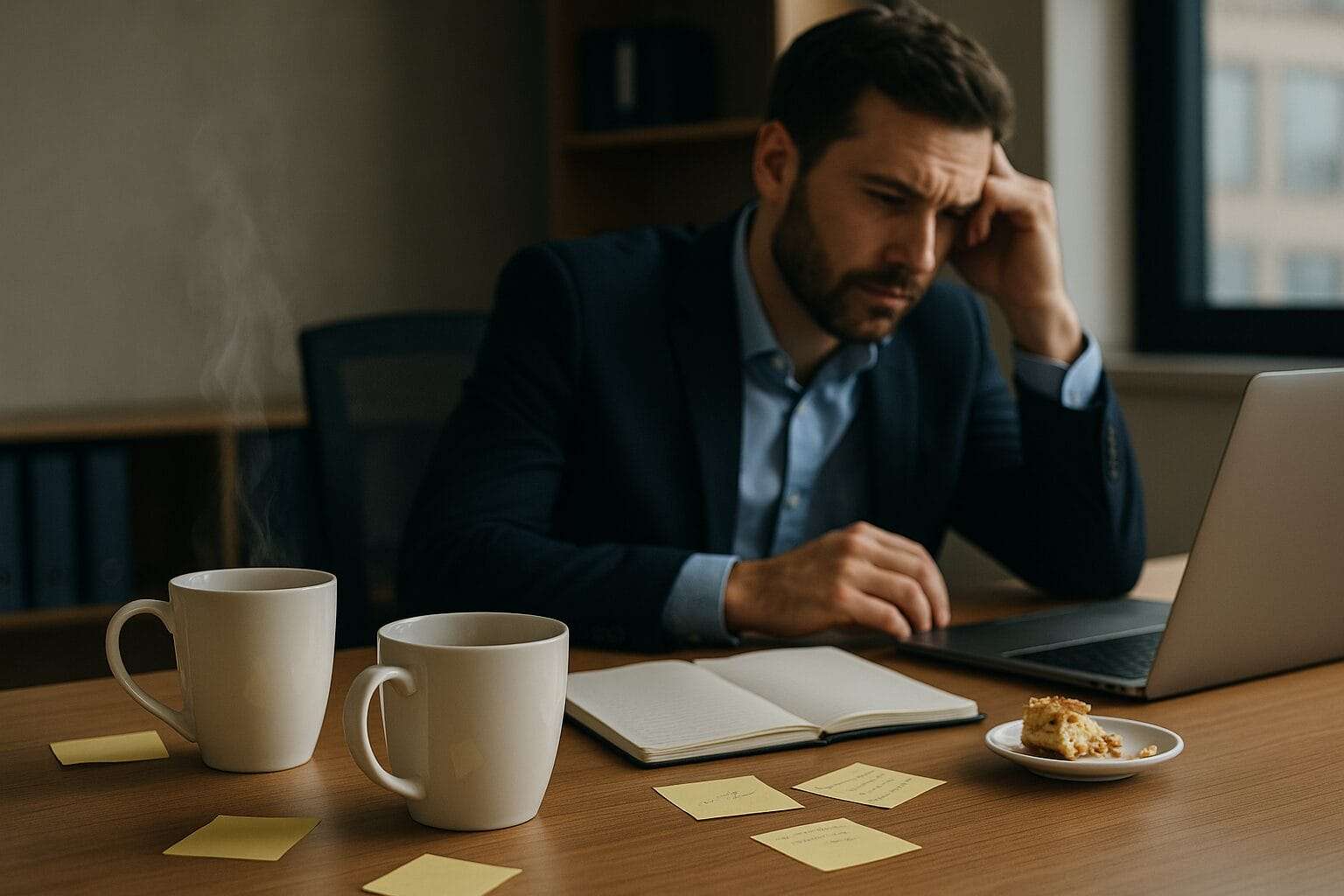 A quiet office desk with two coffee cups—one steaming, one cold—symbolizing emotional absenteeism and relational imbalance. Sticky notes, half-eaten food, and a worn-out planner suggest overwork and lopsided effort.