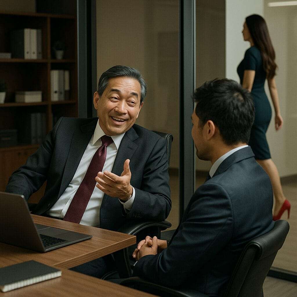 Older Asian businessman bragging to a colleague in his office while a young woman in red heels walks by, symbolizing hidden workplace betrayal