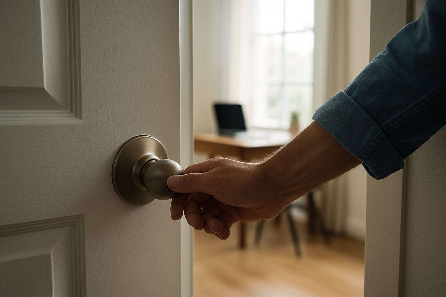A hand on a modern office door slightly ajar with bright daylight shining through — symbolizing the choice to step forward and face the truth.