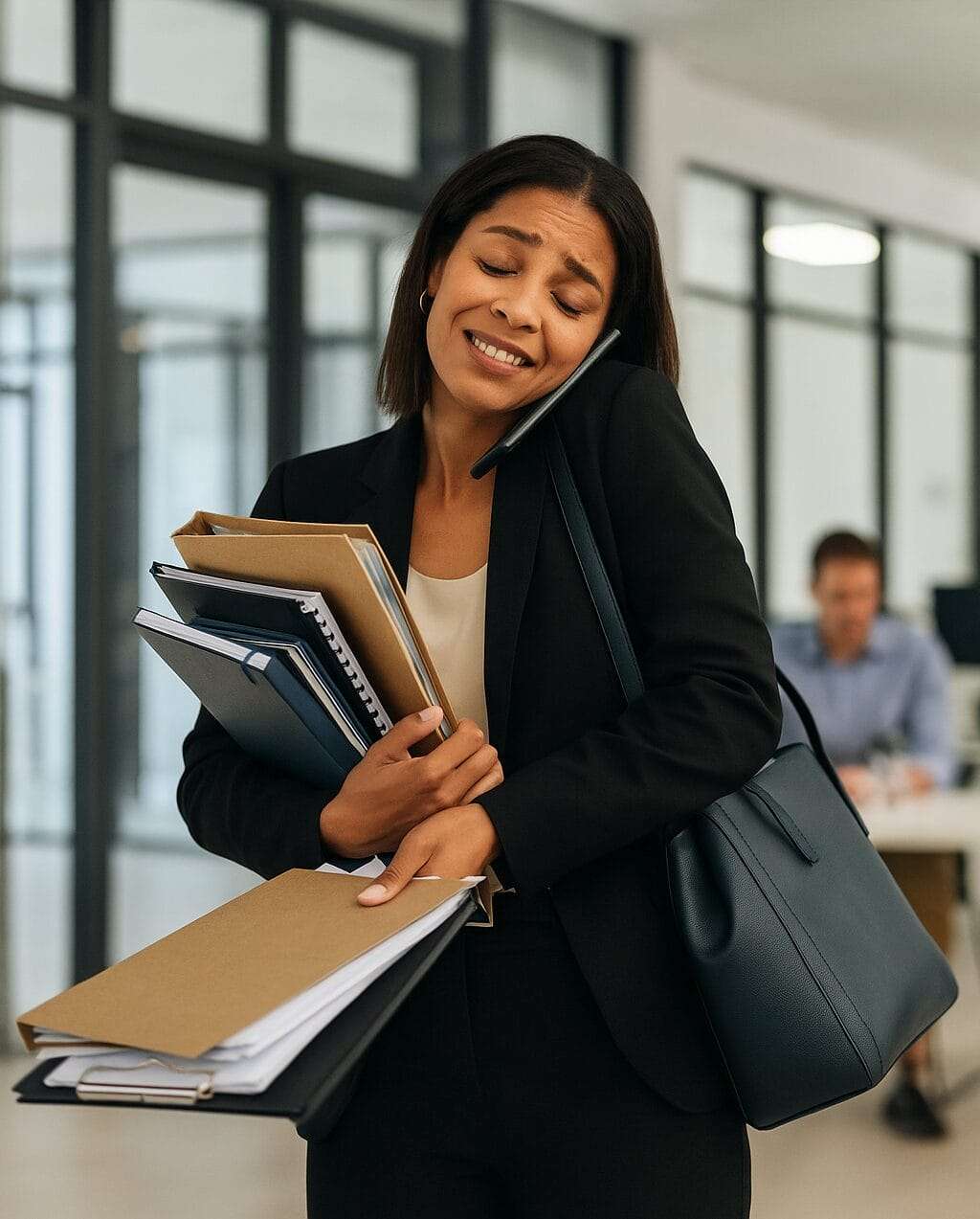 Overburdened professional Black woman juggling folders, phone, and bag in busy office
