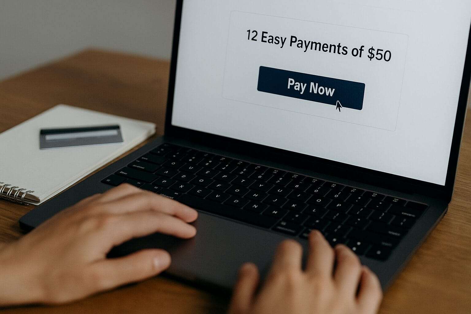 Close-up of hands at a laptop showing an online payment page with ‘12 Easy Payments of $50’ and a credit card on a notepad nearby.