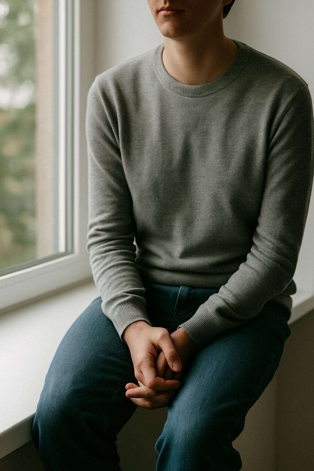 head is cropped because an image like this is meant to protect identity and emphasize the emotion and body language instead of the person’s literal face. It also adds a sense of universality — the viewer can project themselves into the moment without fixating on who the person is.
