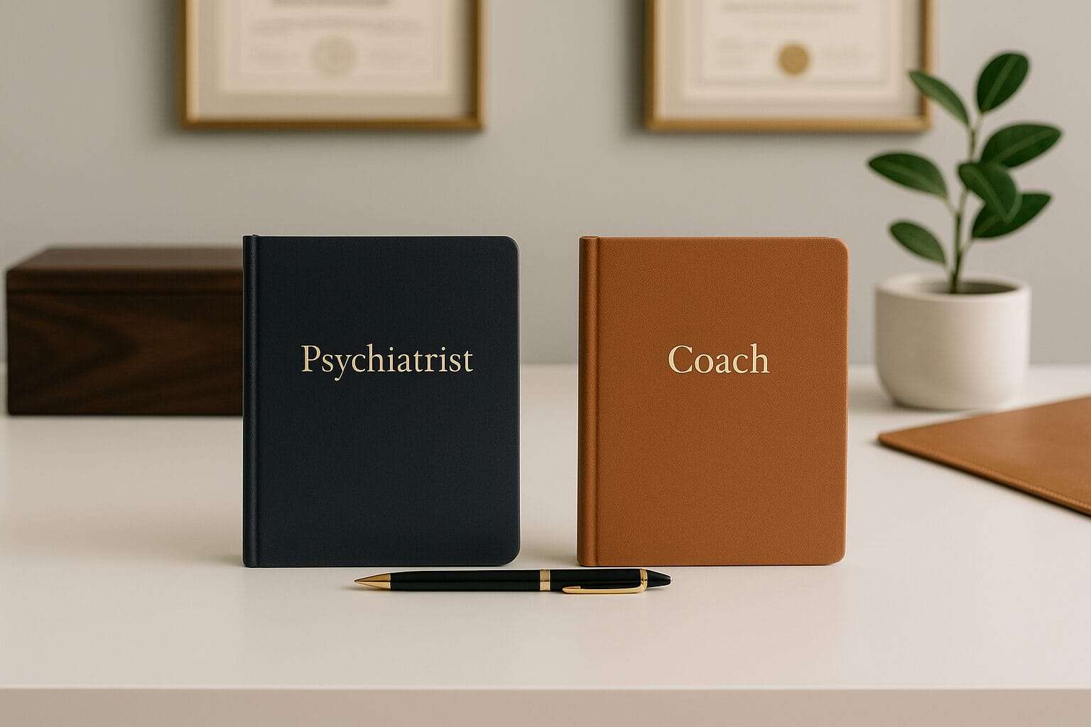 Two notebooks side by side on a modern desk, symbolizing psychiatrist and coach working together.