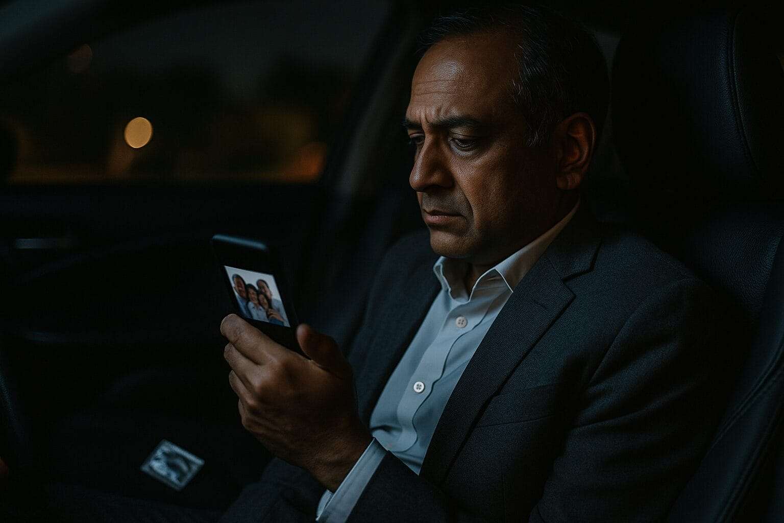 Middle-aged South Asian man in a car at night staring at a family photo on his phone, with a condom wrapper on the passenger seat, symbolizing hidden betrayal
