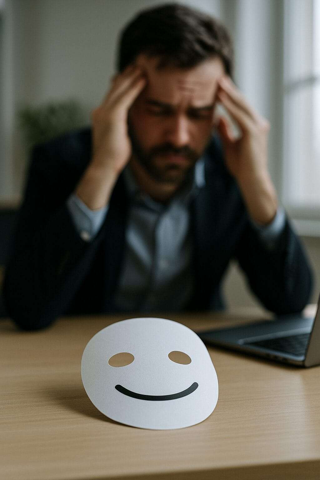 A smiling face mask lying on a desk with a stressed man in the background, symbolizing hidden disengagement and quiet resentment at work.