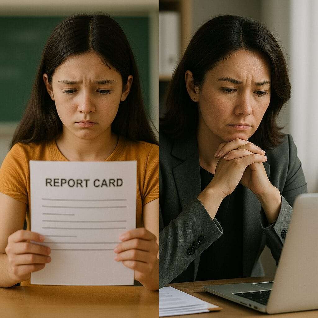 plit-screen of Rachel as a child holding a report card and as an adult professional, showing the impact of childhood pressure on adult leadership patterns.