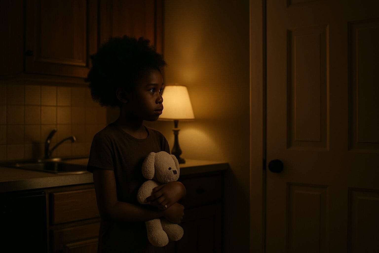 Young Black girl standing alone in a dim kitchen holding a teddy bear, symbolizing emotional neglect and childhood loneliness.