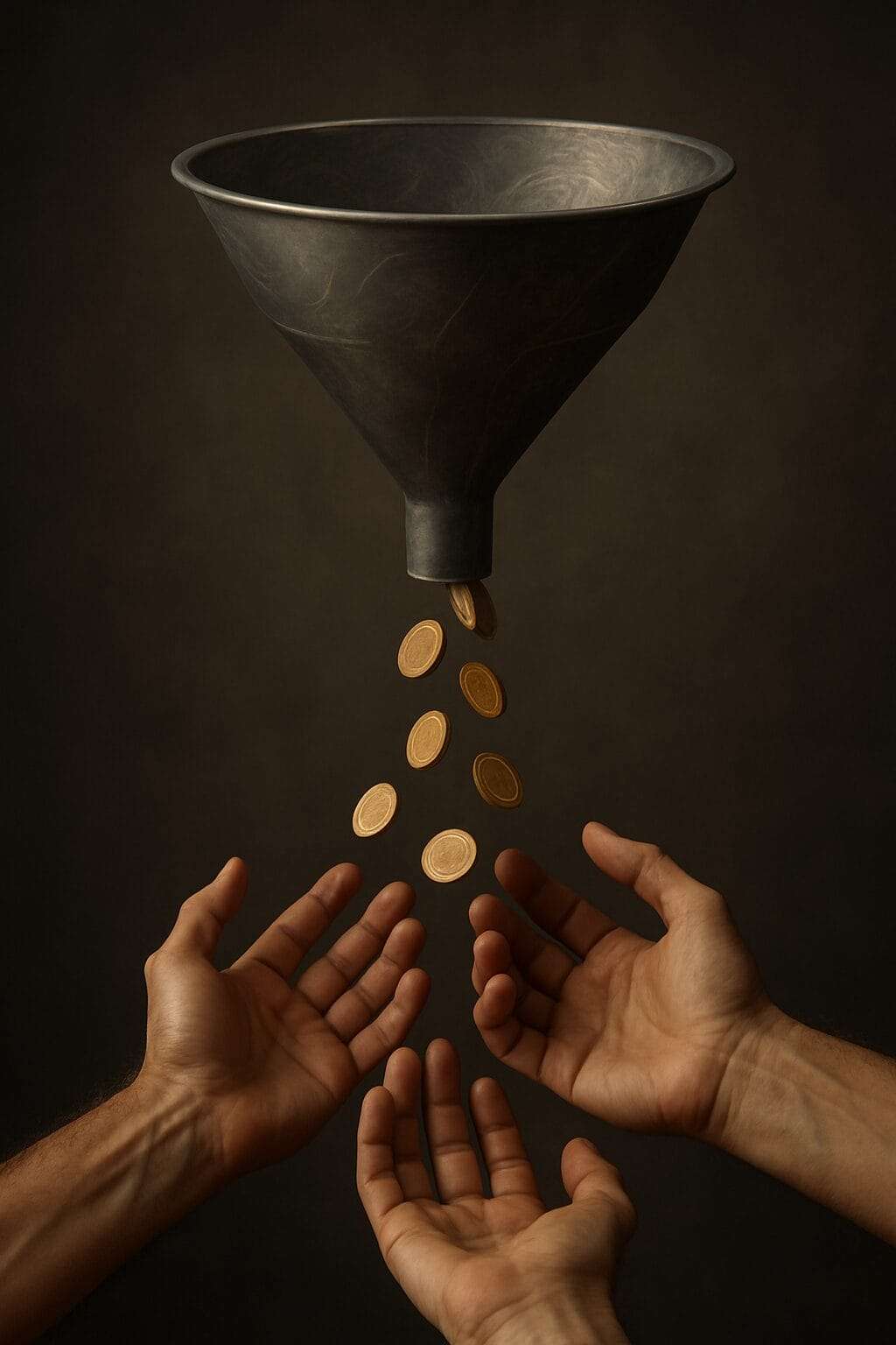 A realistic metal funnel pours gold coins into outstretched human hands, symbolizing how manipulative coaching funnels turn fear and scarcity into profit.