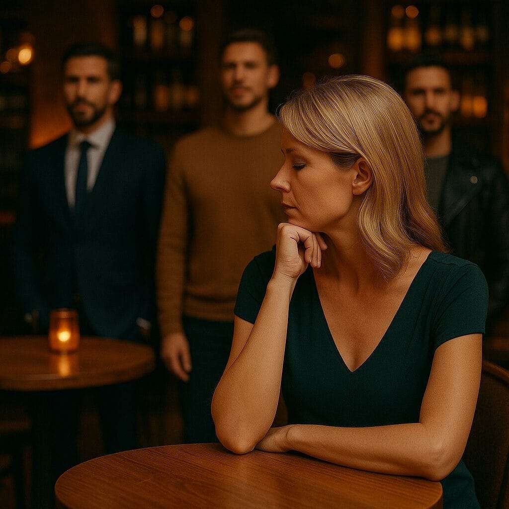 Woman sitting in an upscale lounge, looking thoughtful with three men in the background representing different archetypes.