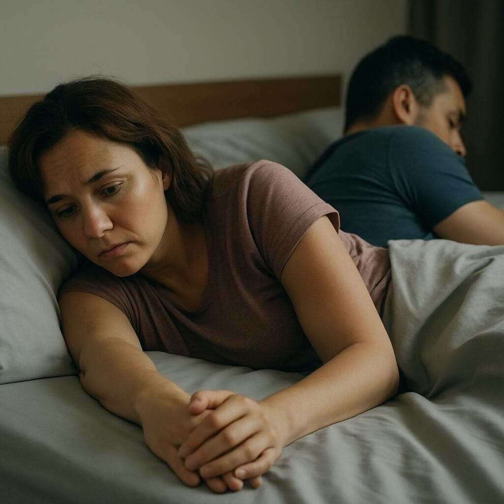 Woman lying in bed with a distressed expression, gently clasping her partner’s hand while he turns away—capturing the emotional loneliness of romantic codependency.