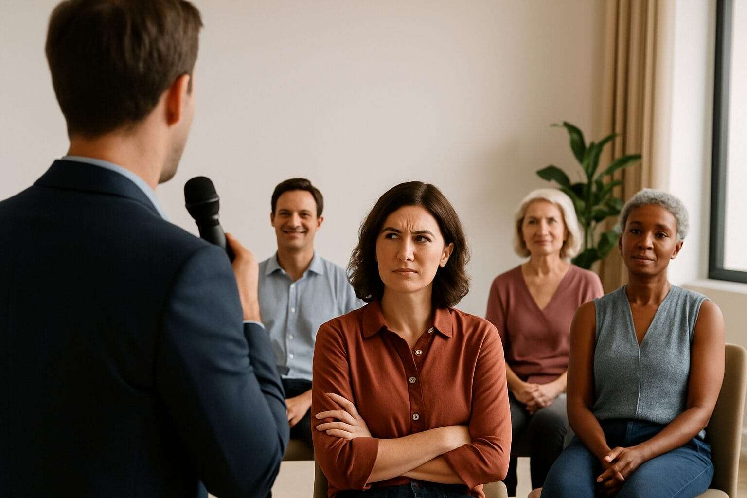 Audience member looking skeptical during a coaching seminar while the speaker presents