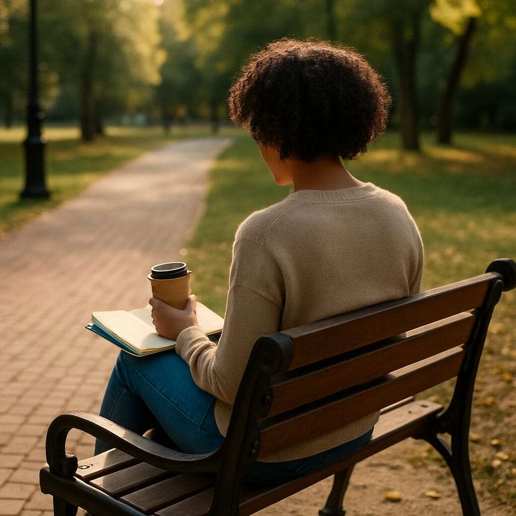 Woman sitting on a park bench with coffee and journal, reflecting in the golden afternoon light.