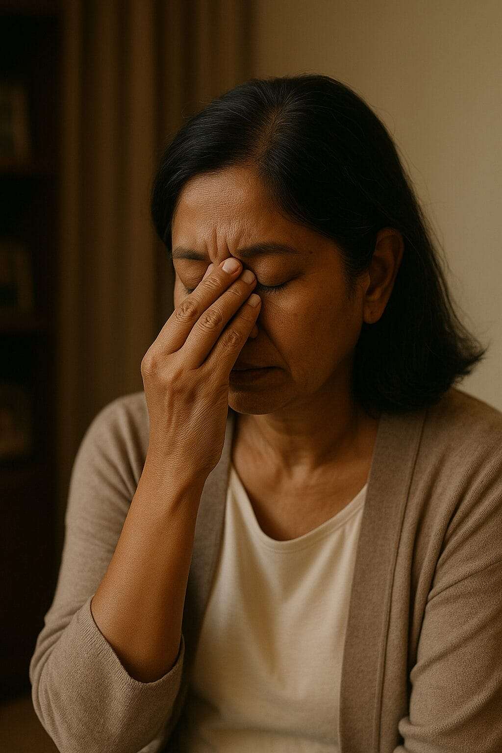 A South Asian woman in her mid-50s sits alone journaling by candlelight, surrounded by torn-out pages—capturing the quiet power of choosing emotional truth over self-erasure.