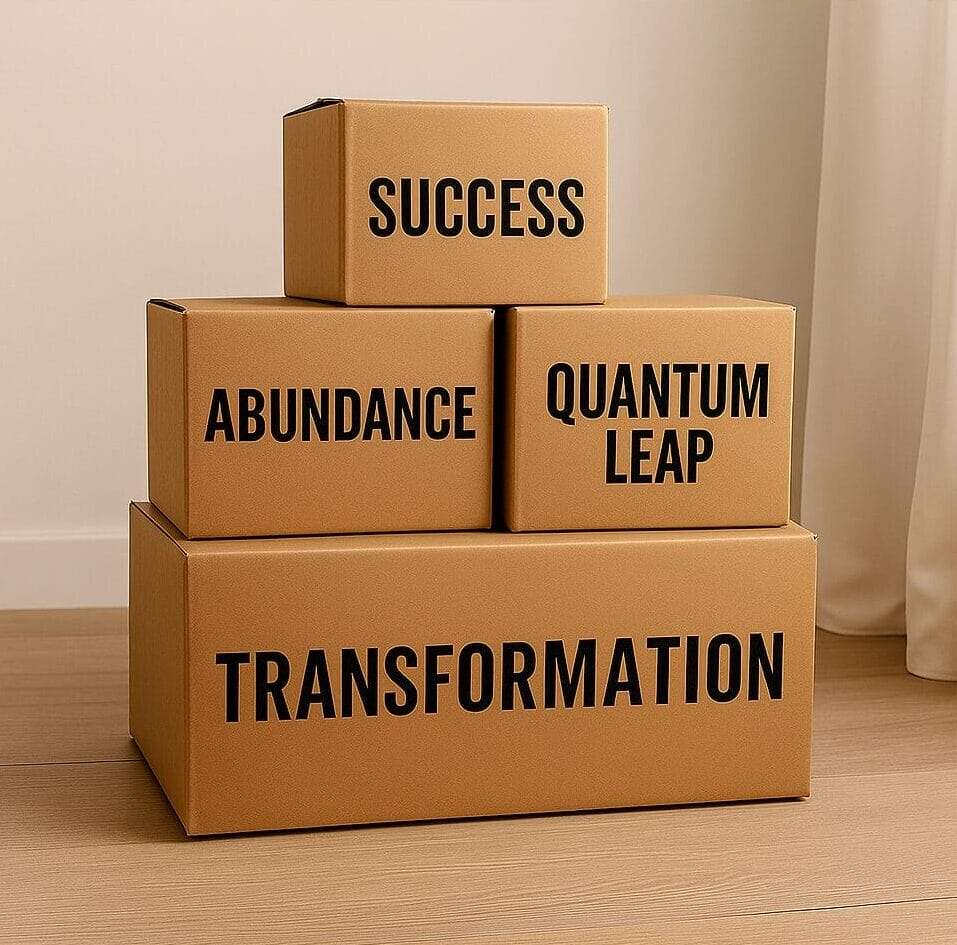 Stacked Boxes Representing Growth Concepts: Success, Abundance, Quantum Leap, and Transformation