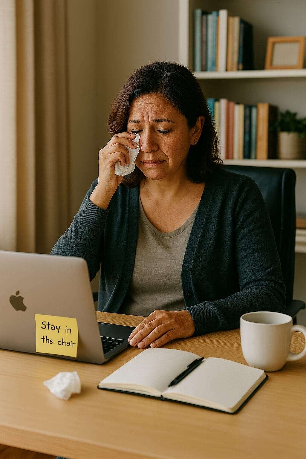 Middle-aged Latina woman wiping away tears at her desk with a sticky note on laptop reading ‘Stay in the chair’ — symbolizing leading while still healing.