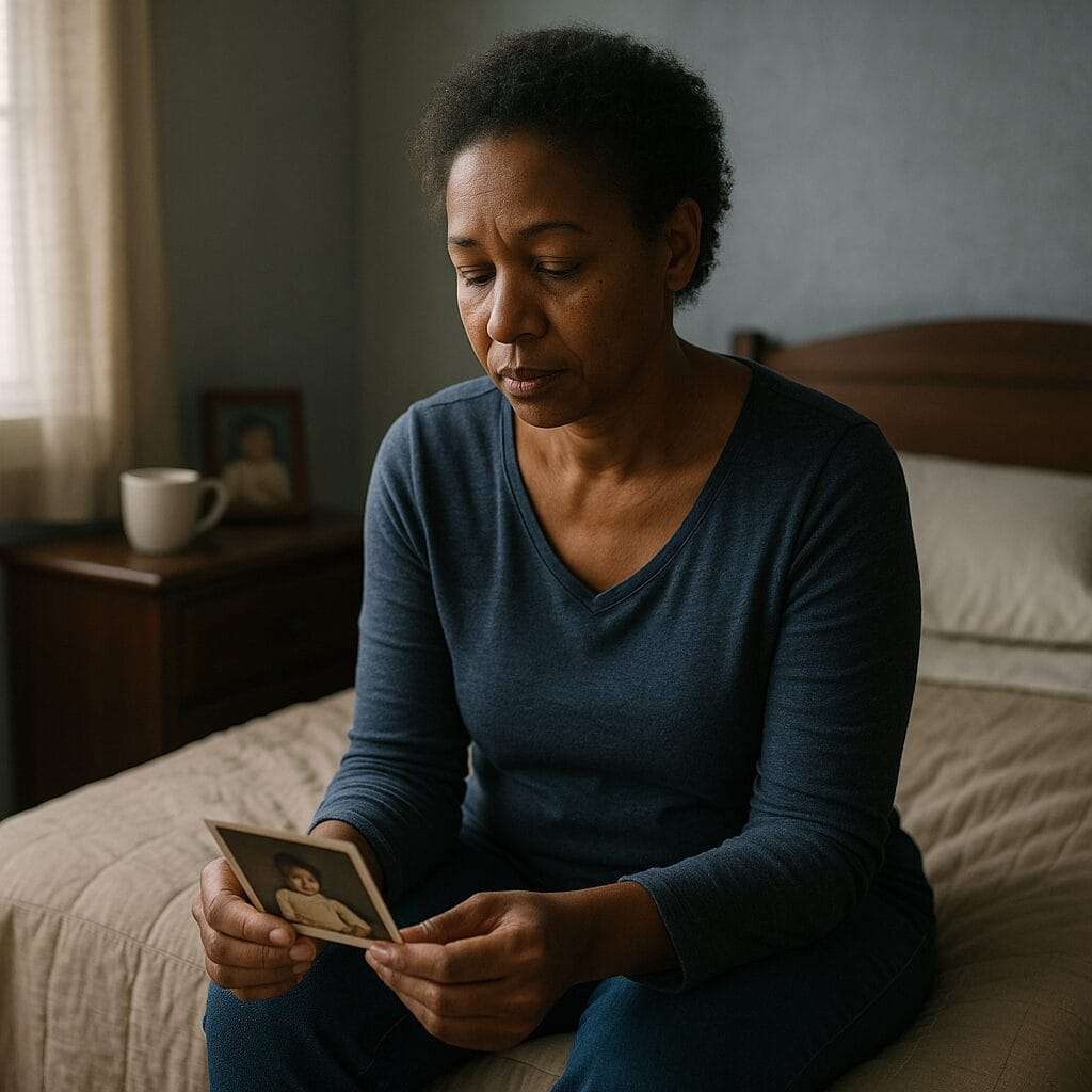 African American woman sitting on her bed, holding an old photo and reflecting quietly, symbolizing gentle reparenting and emotional healing.