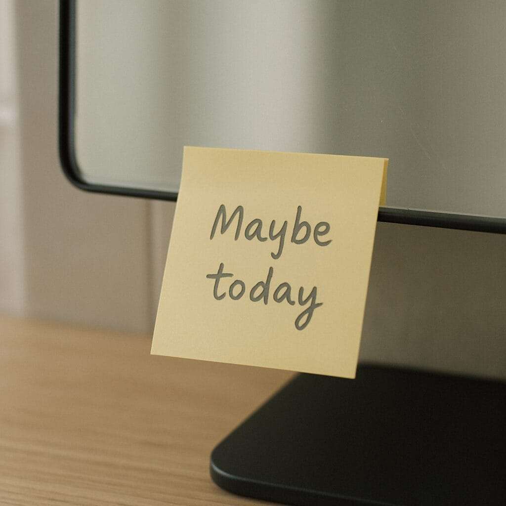 Sticky note on computer monitor with handwritten message “Maybe today”