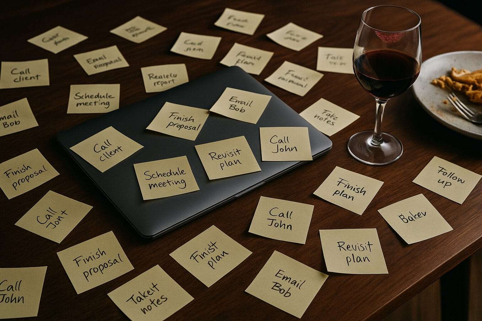 Executive desk with sticky notes closed laptop half glass of wine and half eaten food showing leader burnout