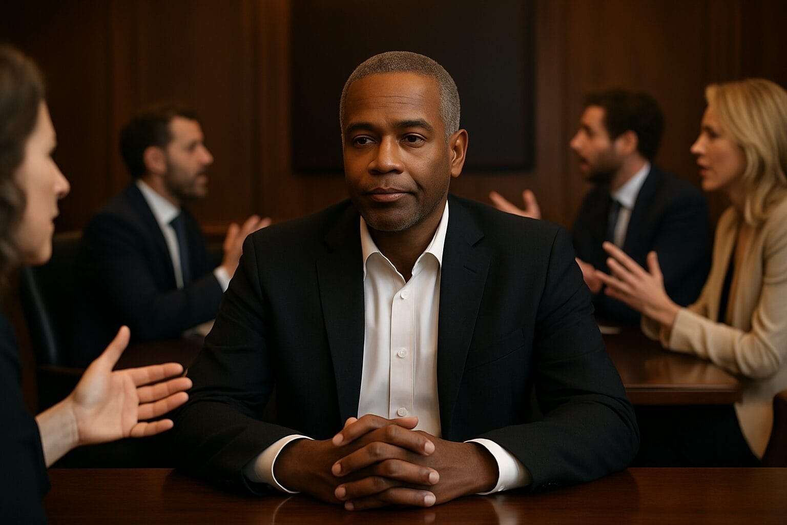 A composed Black man in his 50s sits calmly at a conference table while others around him speak animatedly—capturing the strength of choosing pause over performance.