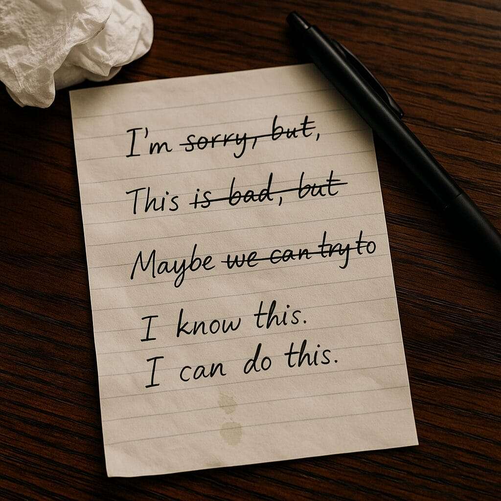 Tear stained handwritten note with crossed out excuses and final line I know this I can do this on mahogany desk