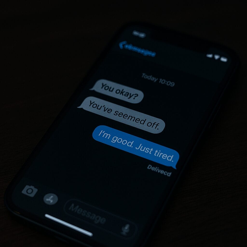 Phone screen showing messages like “You okay?” and “I’m good. Just tired,” symbolizing quiet emotional denial and high-functioning avoidance.