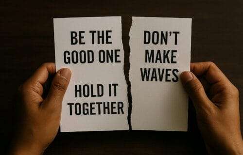 Two steady hands holding a torn page with phrases like “Be the Good One” and “Hold It Together”—symbolizing the emotional cost of survival roles.