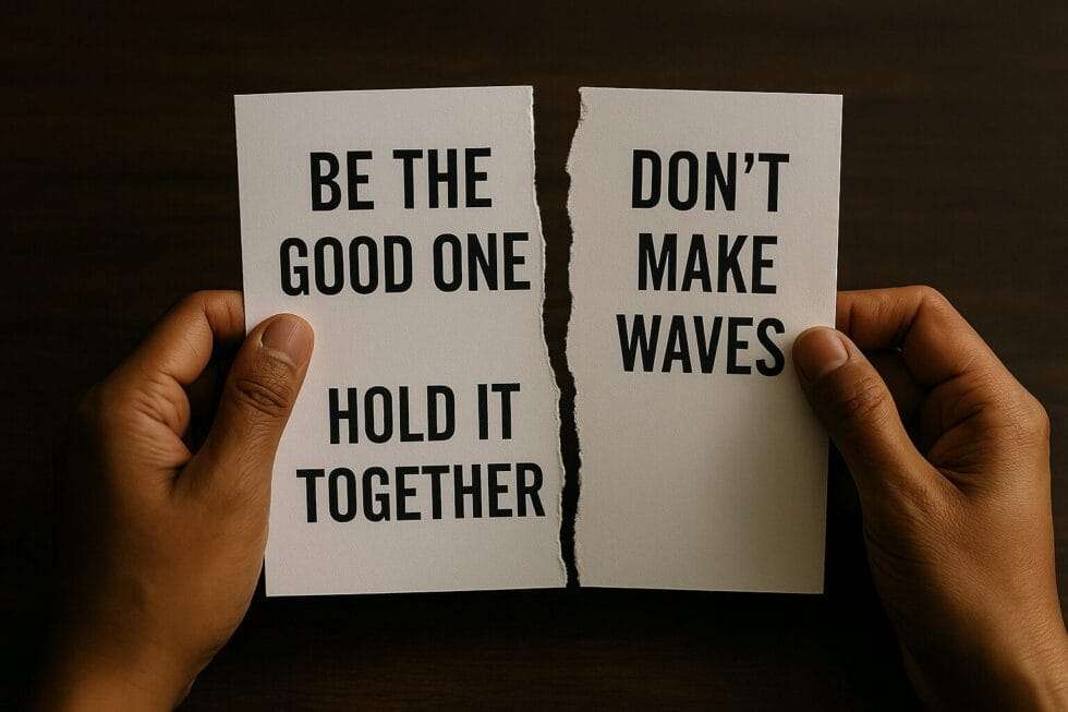 Two steady hands holding a torn page with phrases like “Be the Good One” and “Hold It Together”—symbolizing the emotional cost of survival roles.