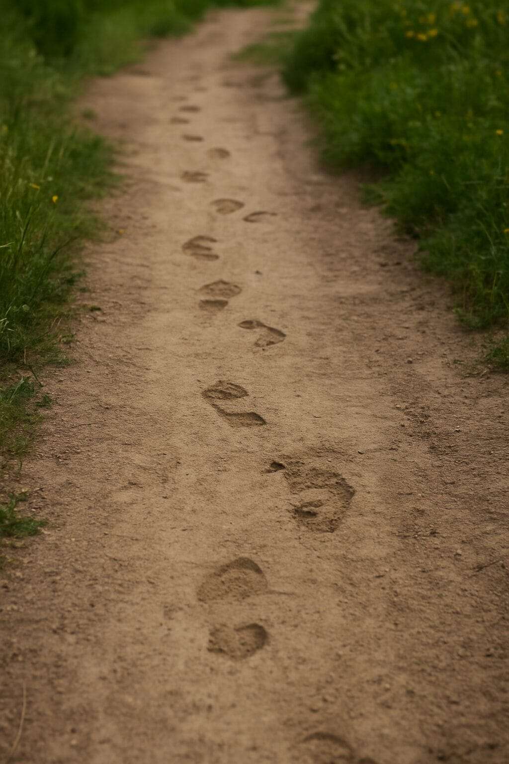 A simple dirt or sand path, clear footprints leading forward — some prints veer off but return to the main path.