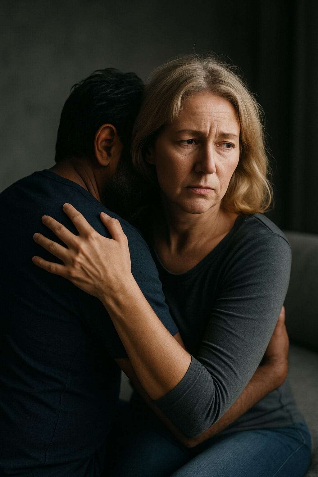 Middle-aged interracial couple in a tense embrace—South Asian man clinging tightly while white woman stares off with emotional distress, symbolizing the painful grip of a trauma bond.