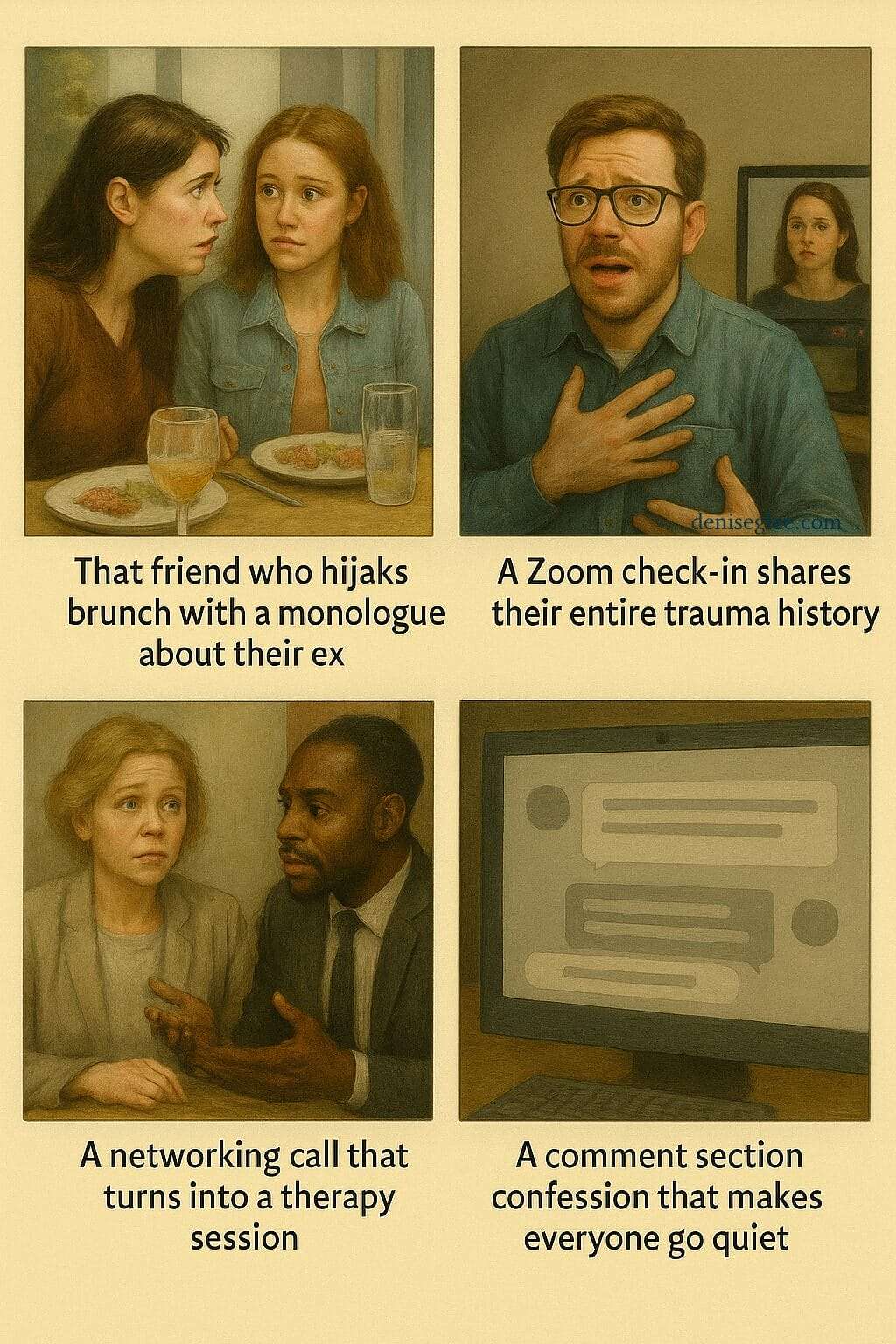A four-panel painting showing scenes of trauma dumping: a friend oversharing at brunch, a Zoom call with unexpected vulnerability, a networking conversation turned therapy session, and a comment section confession that causes discomfort