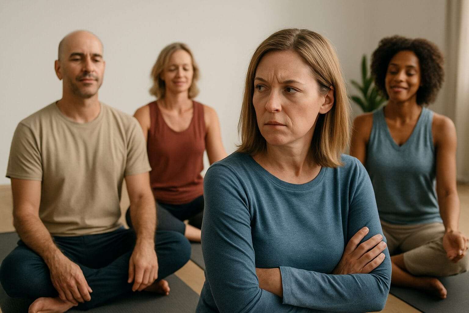 Person looking uneasy in a group coaching circle while others meditate calmly.