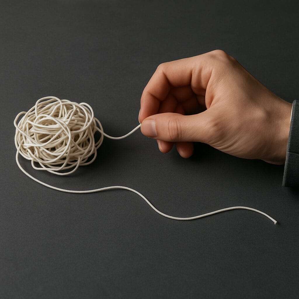 Close-up of a hand in a suit untangling a white cord, symbolizing the process of breaking old survival patterns and regaining clarity.