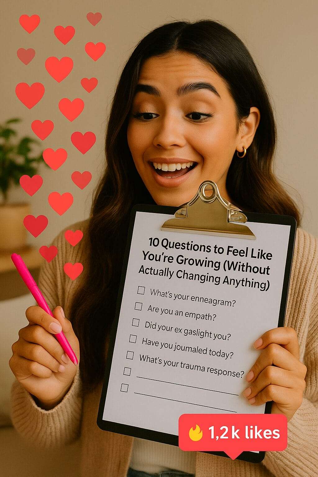 A young Latina influencer smiles while holding a clipboard that reads “10 Questions to Feel Like You're Growing (Without Actually Changing Anything)” with playful pop psychology prompts. She poses for a selfie surrounded by floating hearts and a “🔥 1.2k likes” badge, capturing the irony of viral faux-healing culture.