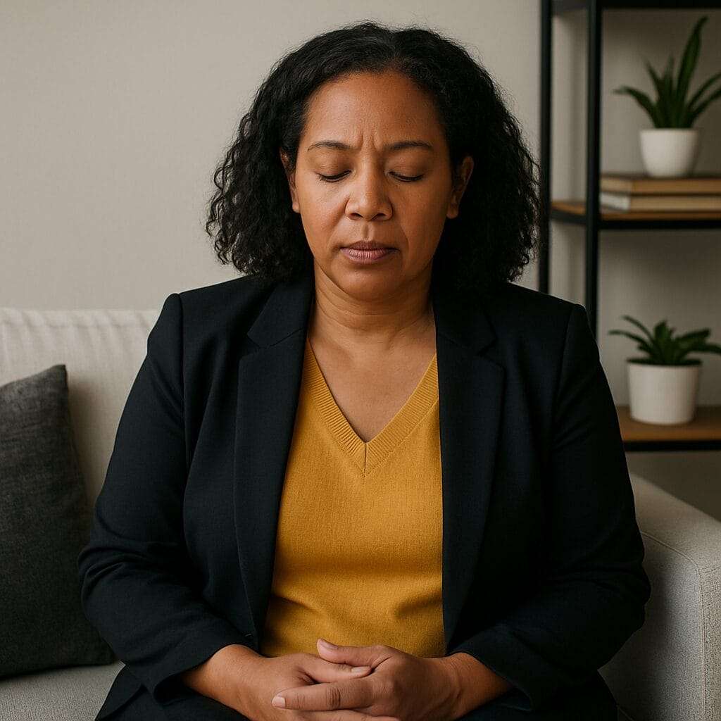 Black Latina leader in her mid-40s sitting calmly with eyes closed, reflecting on emotional growth and vulnerability.