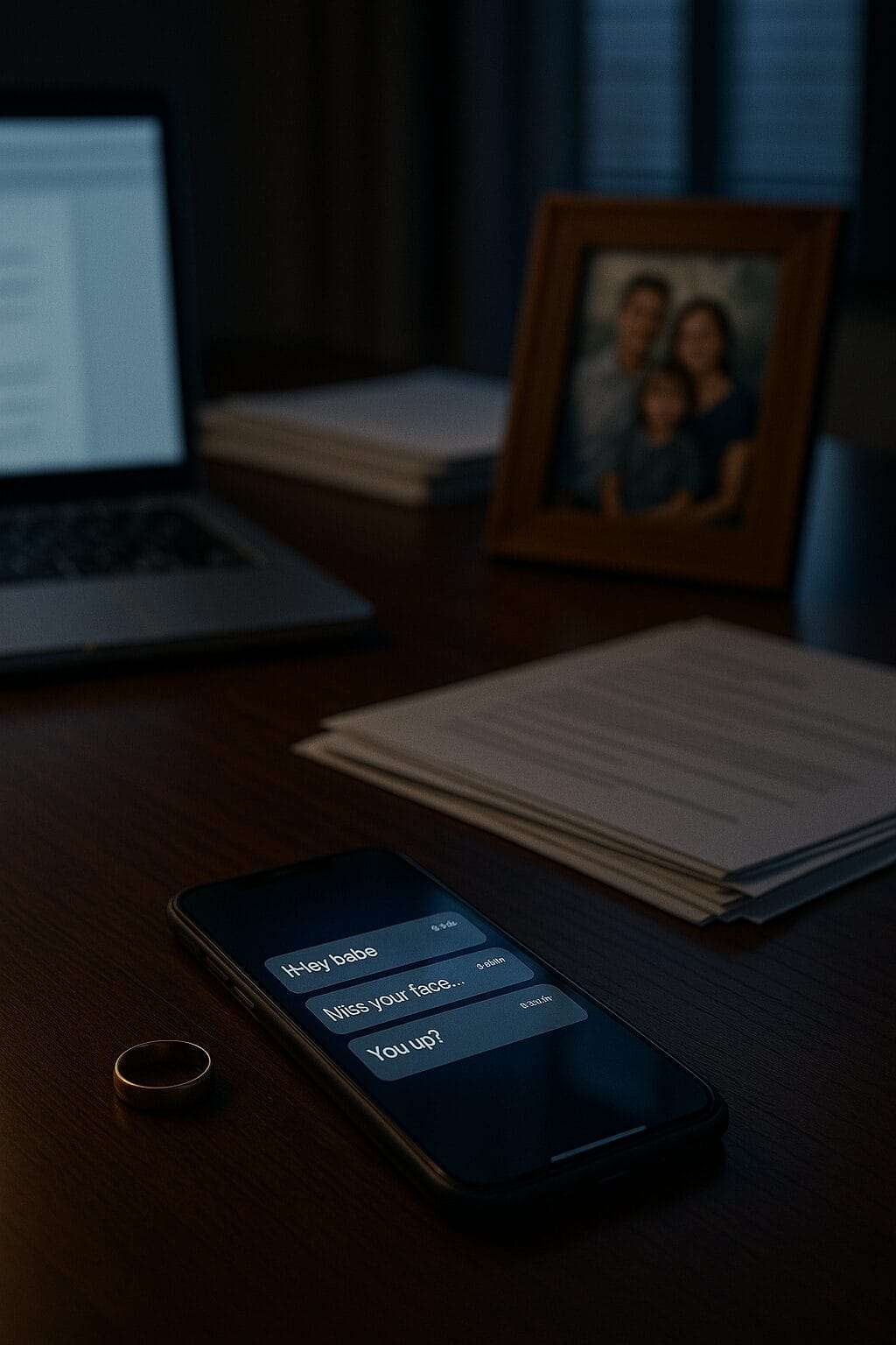 Smartphone with secret flirty messages, wedding ring, laptop and family photo on desk — symbolizing everyday betrayal for high performers.