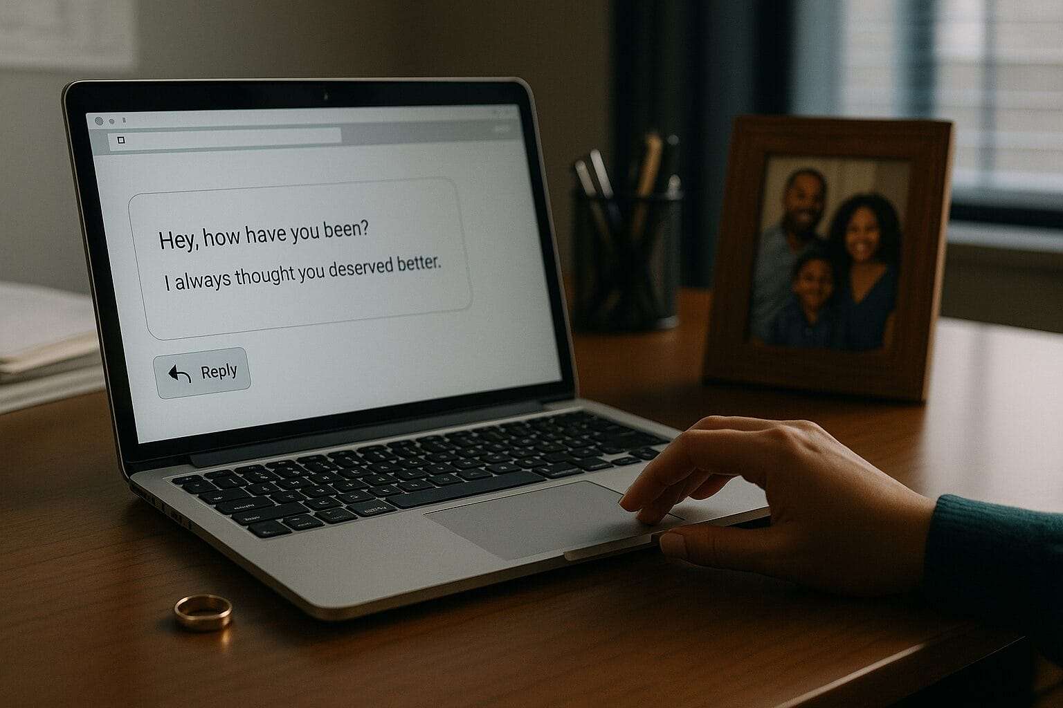 image of wedding ring next to a message with the family photo in the background.