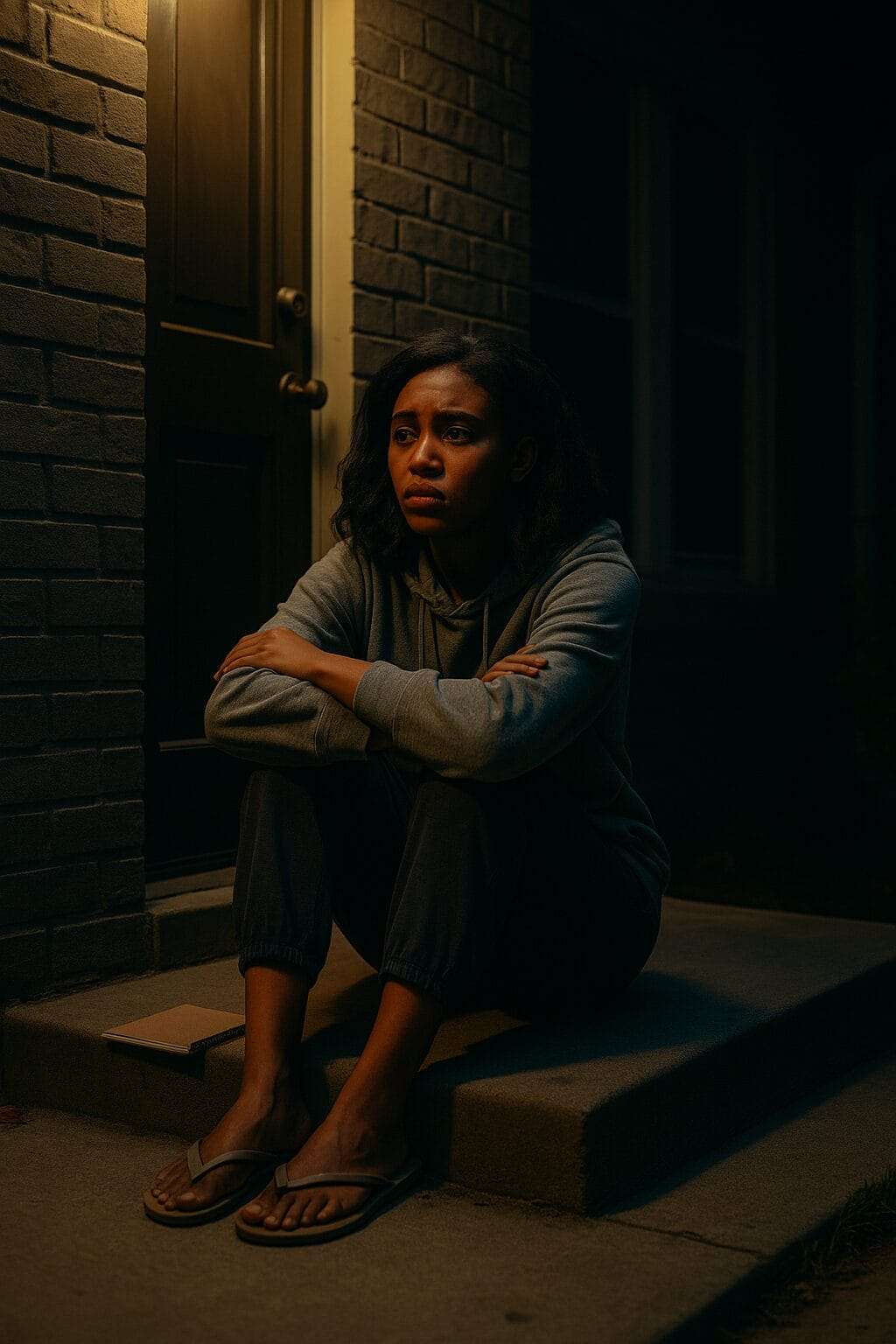 Young Black woman in flip-flops sitting on her porch at night, wearing a hoodie and sweatpants, with a notebook beside her, symbolizing her quiet moment of truth and self-reckoning.