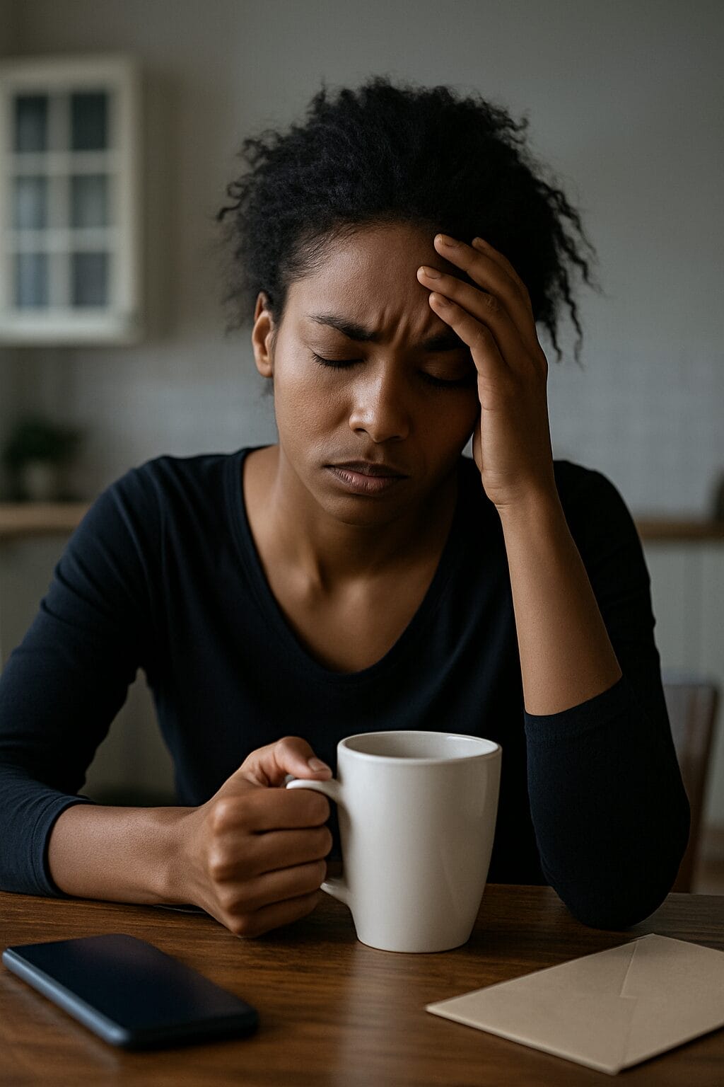 black woman mid 30s sitting alone but visibly wired—jaw tight, shoulders hunched, hand clenching a coffee mug.