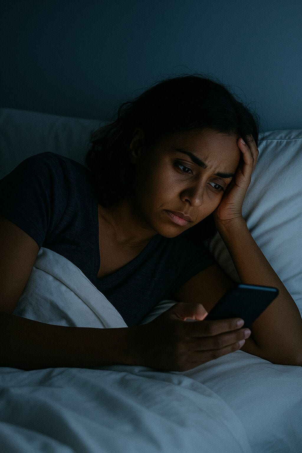 Young woman lying in bed at night, illuminated by phone screen, eyes wide open in a state of wired exhaustion and cortisol overload