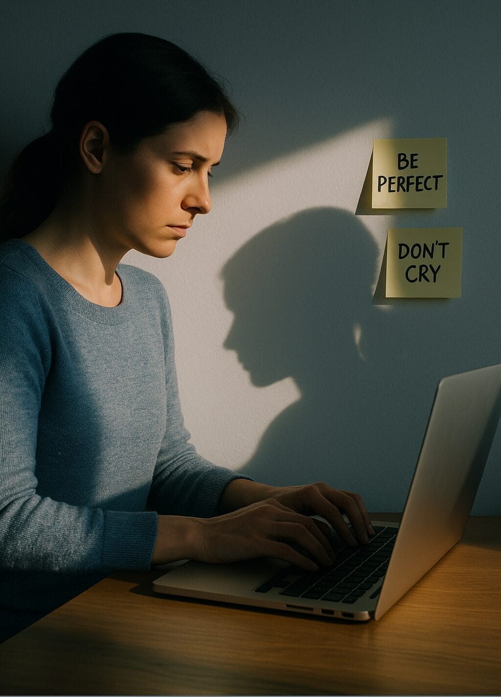 Woman typing on laptop with sticky notes on wall reading Be Perfect and Don’t Cry, reflecting on hidden life scripts.
