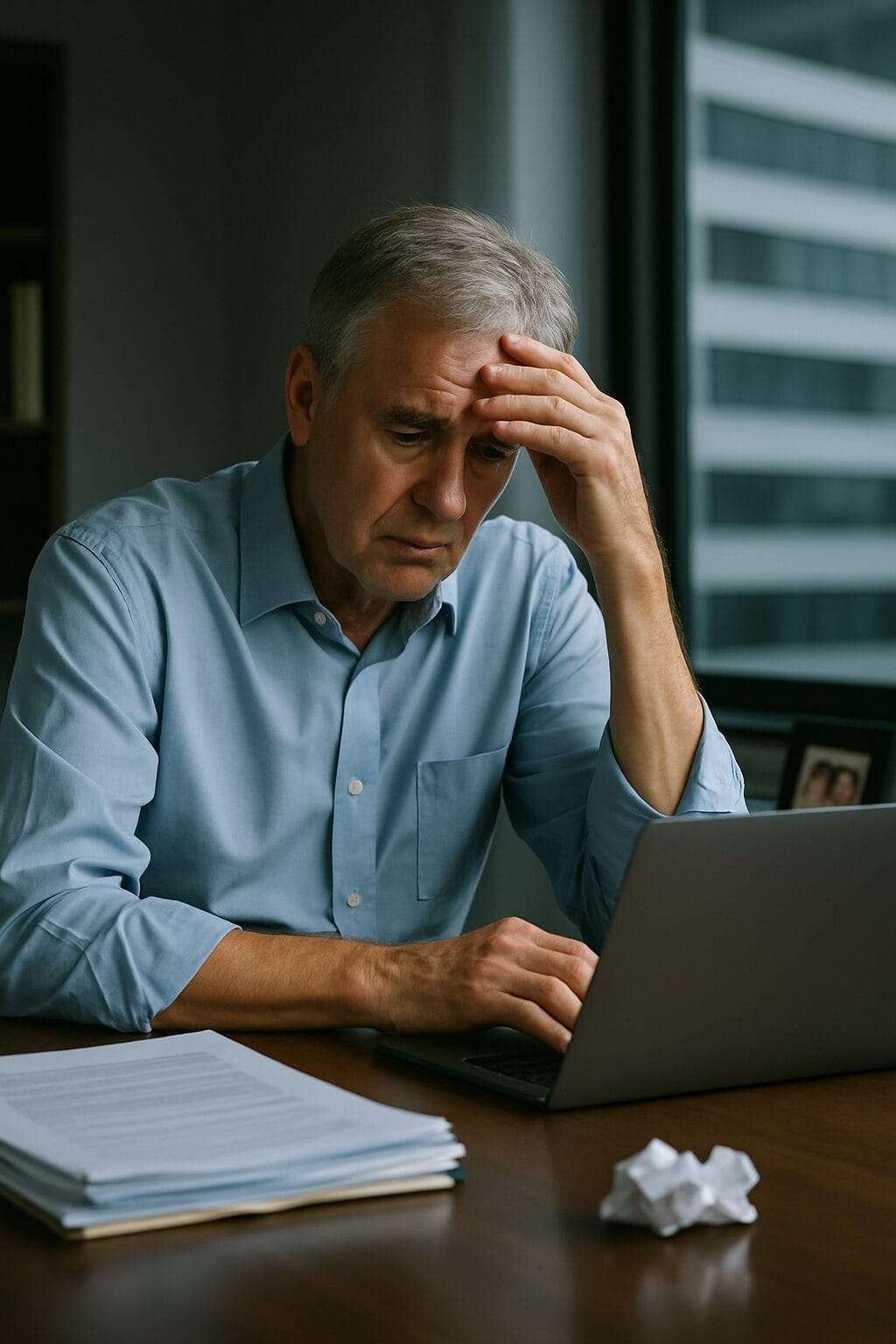 Older white male leader in his 60s looking stressed at desk with laptop and family photo — symbolizing hidden wounds driving leadership behavior.
