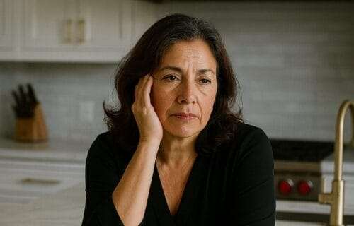 Latina woman in her 50s sitting in a modern kitchen with a weary expression, hand on her face, marble island in front of her