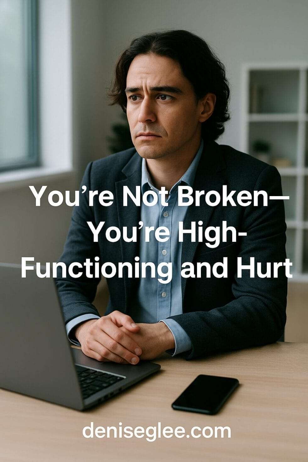 Businessperson in their 30s sitting at a desk, appearing high-functioning but emotionally overwhelmed