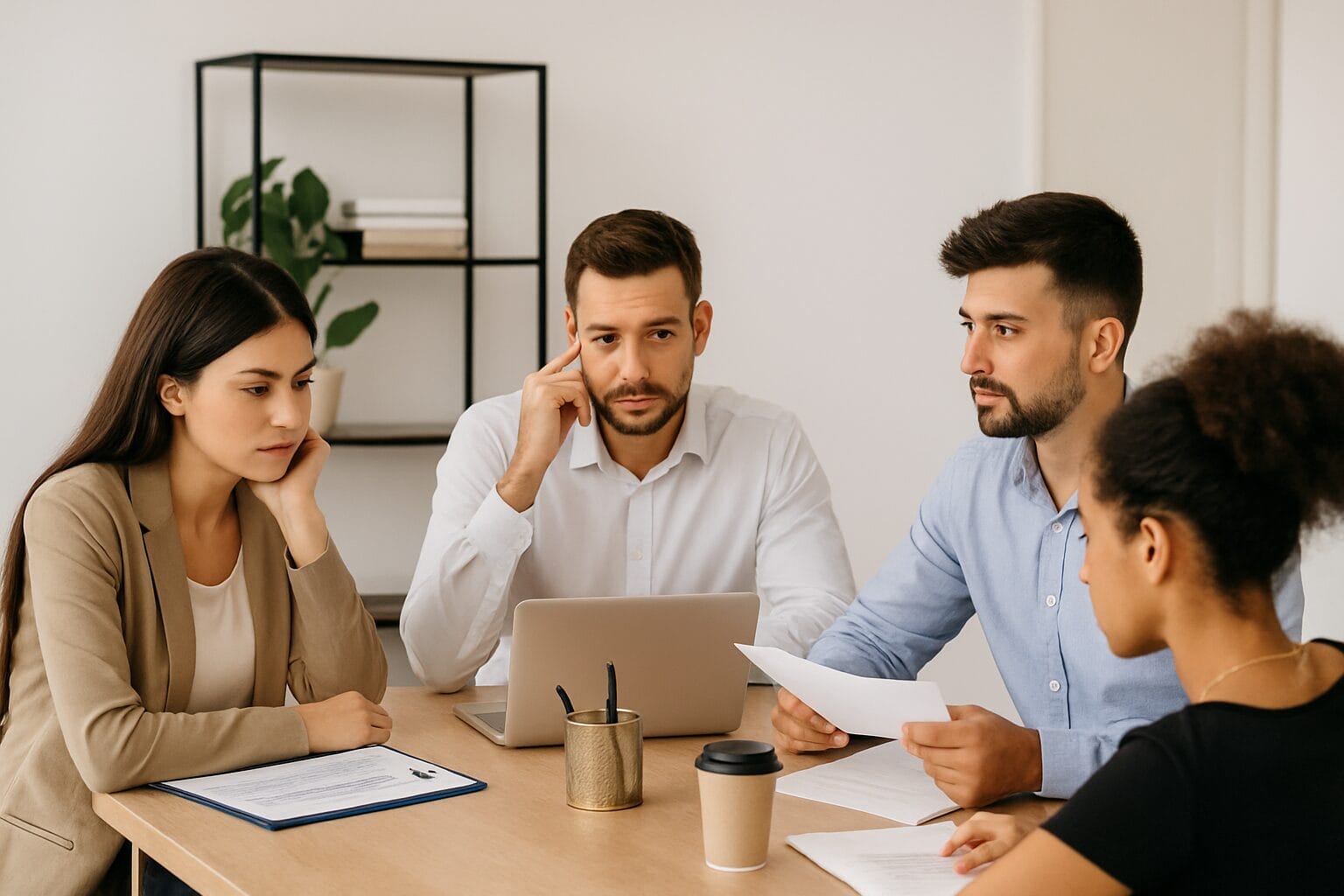 Four professionals seated around a light wooden table in a bright office, engaged in discussion with mixed expressions of focus and uncertainty.
