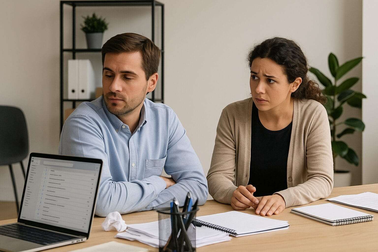 Two coworkers at a desk; one stands with arms crossed looking away, while the other leans forward with a concerned expression, papers and a laptop on the desk.