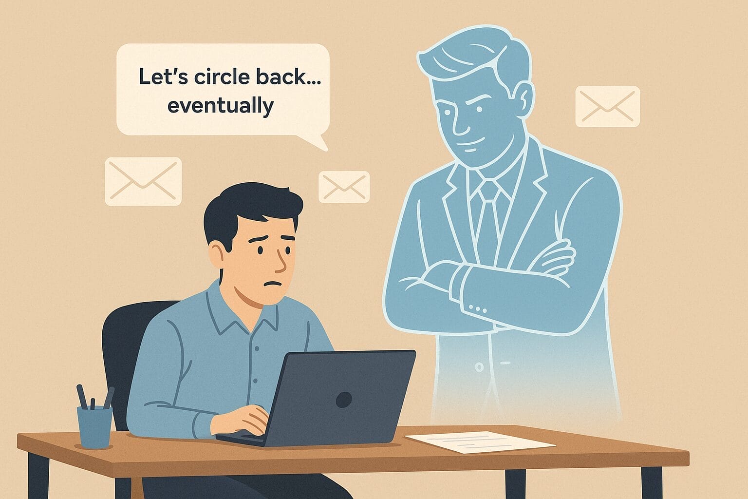 Flat illustration of a ghostly male boss outlined in soft blue hovering beside a frustrated office worker at a desk, with floating email bubbles including “Let’s circle back… eventually.”