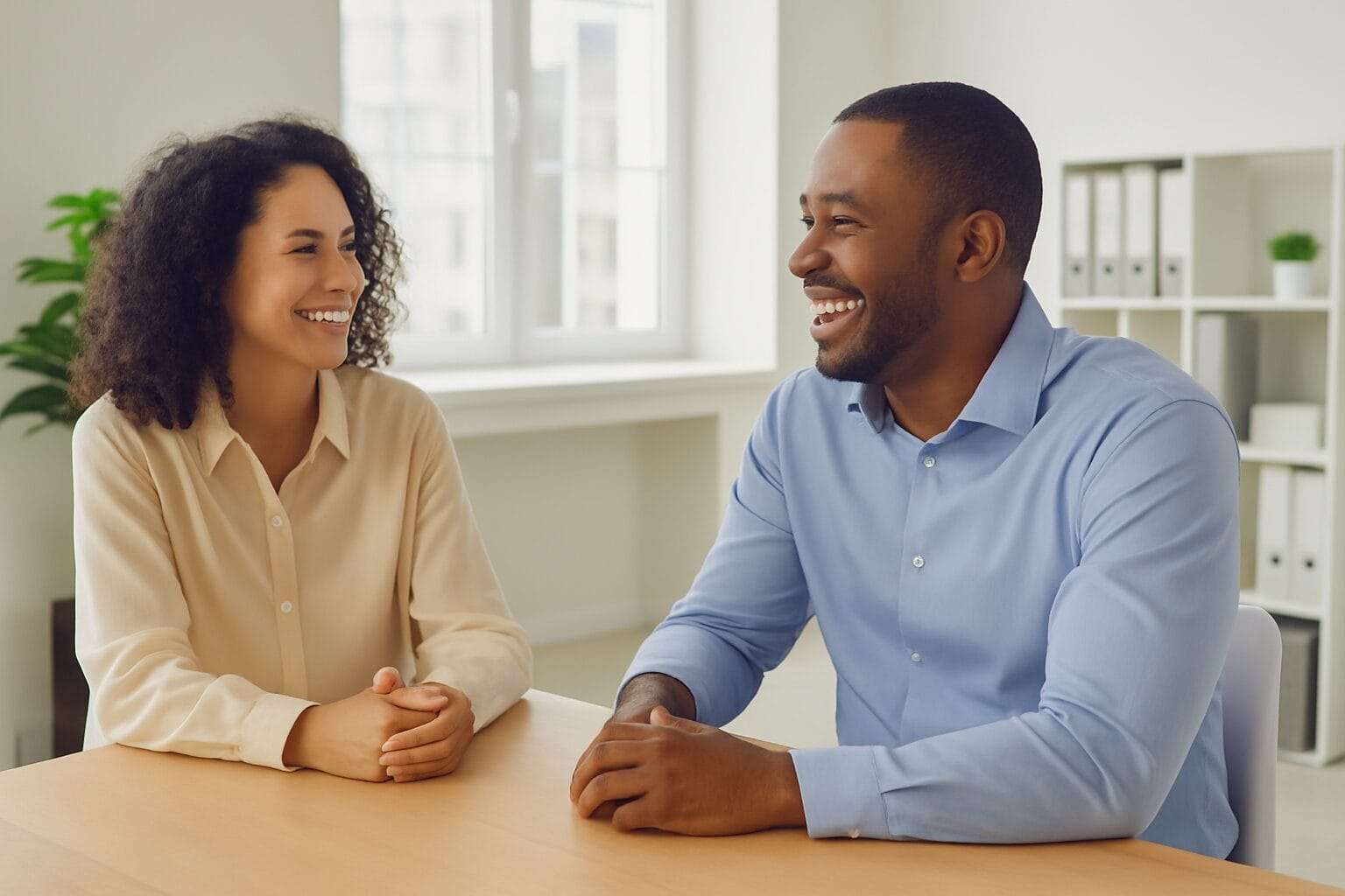 Two professionals, a man and woman, sitting across from each other in a modern, well-lit office, sharing a warm and relaxed conversation.