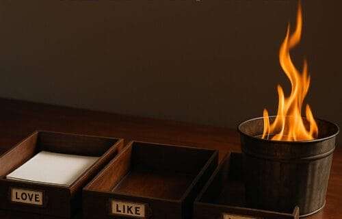 A vintage metal trashcan, pushed to the side — with a bright flame flickering up. Inside: burning paper or folders — something clearly mid-burn, smoke rising, edges curling.